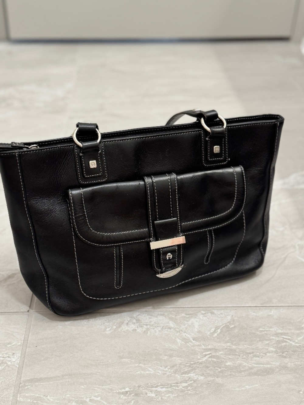 Etienne Aigner Black Leather Tote Bag Shoulder Purse Work Bag